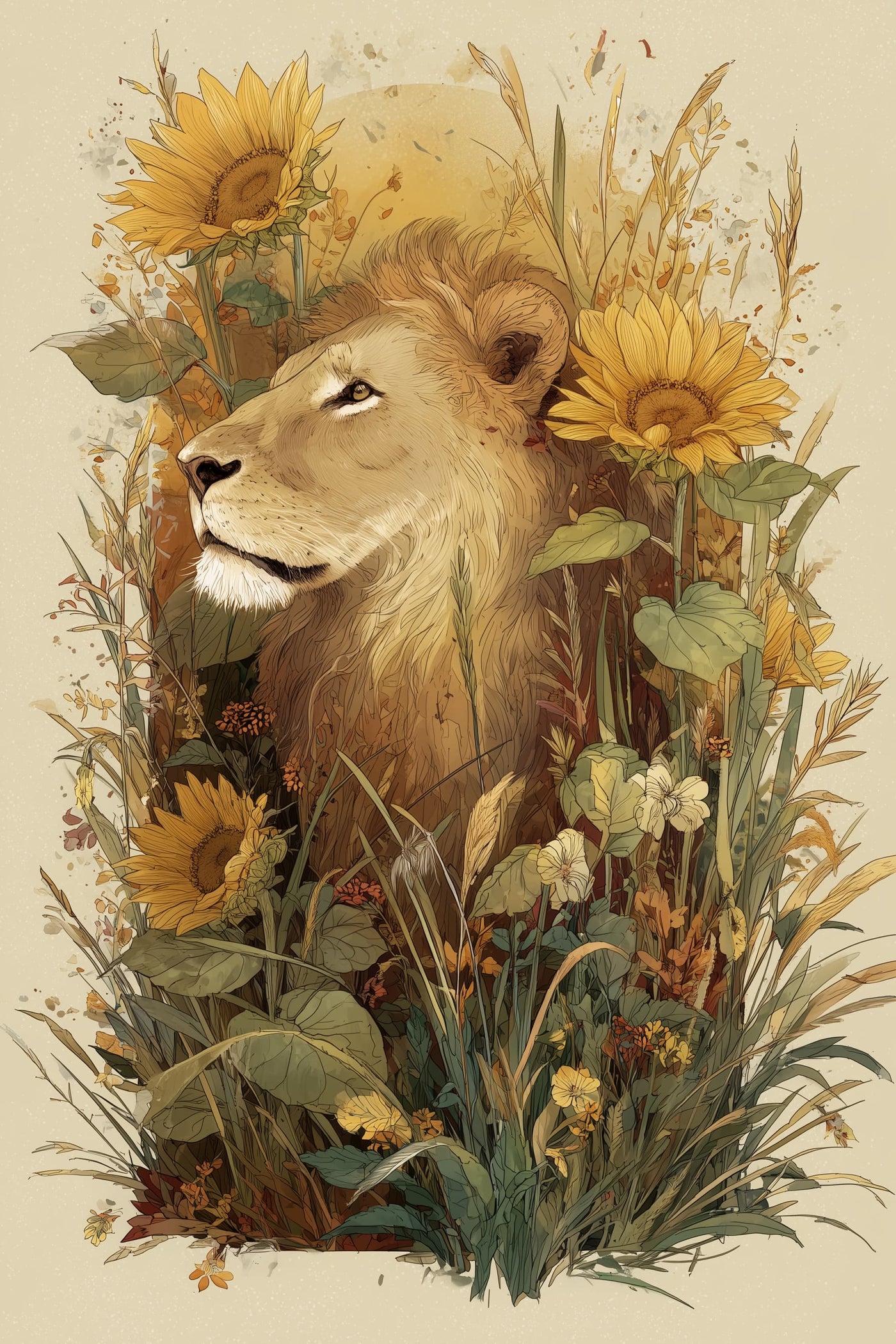 Lion among Sunflowers