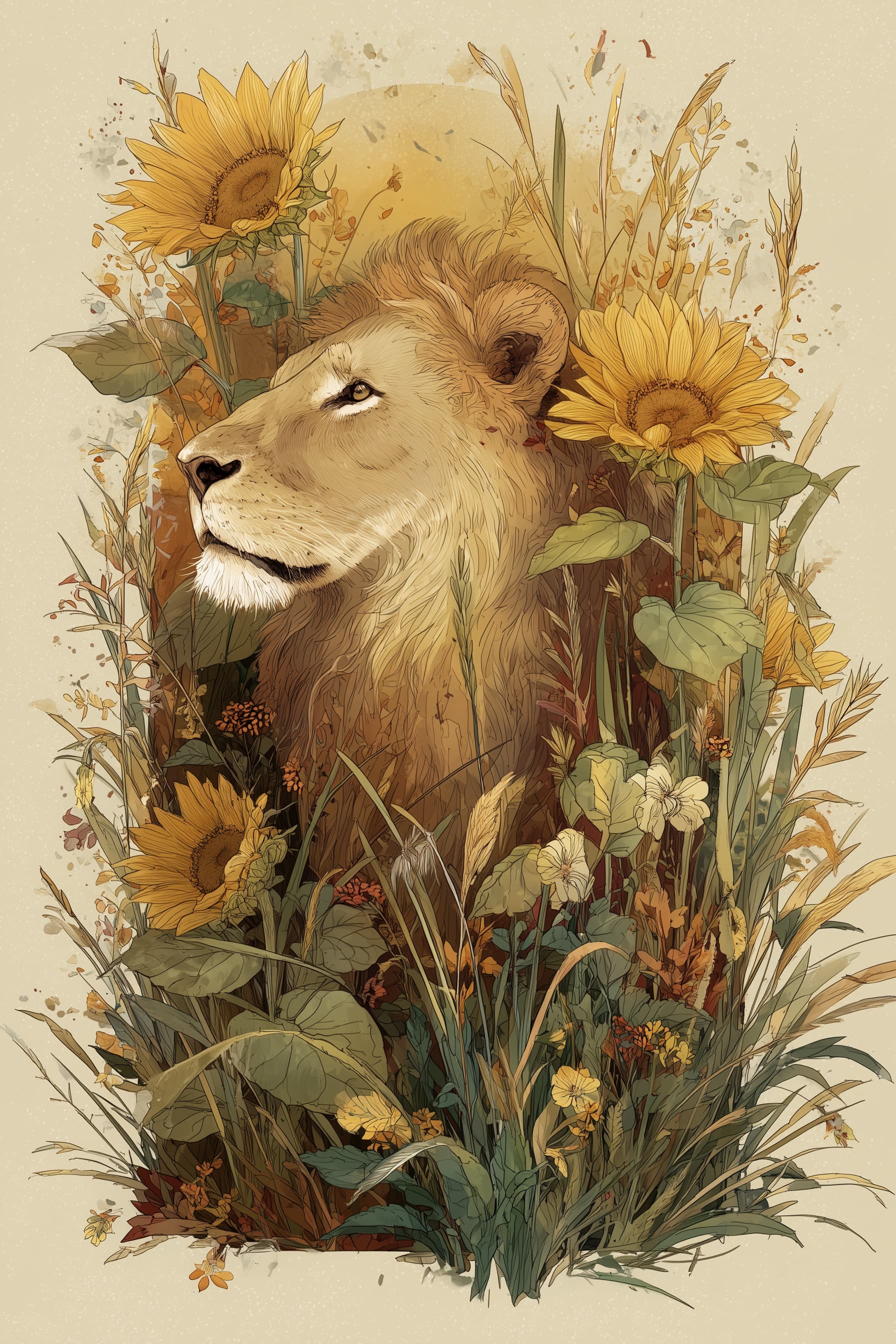 Lion among Sunflowers