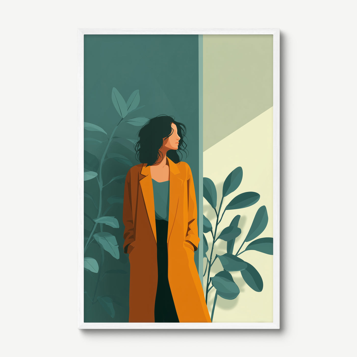 Amber Coat Moment art print in a white frame