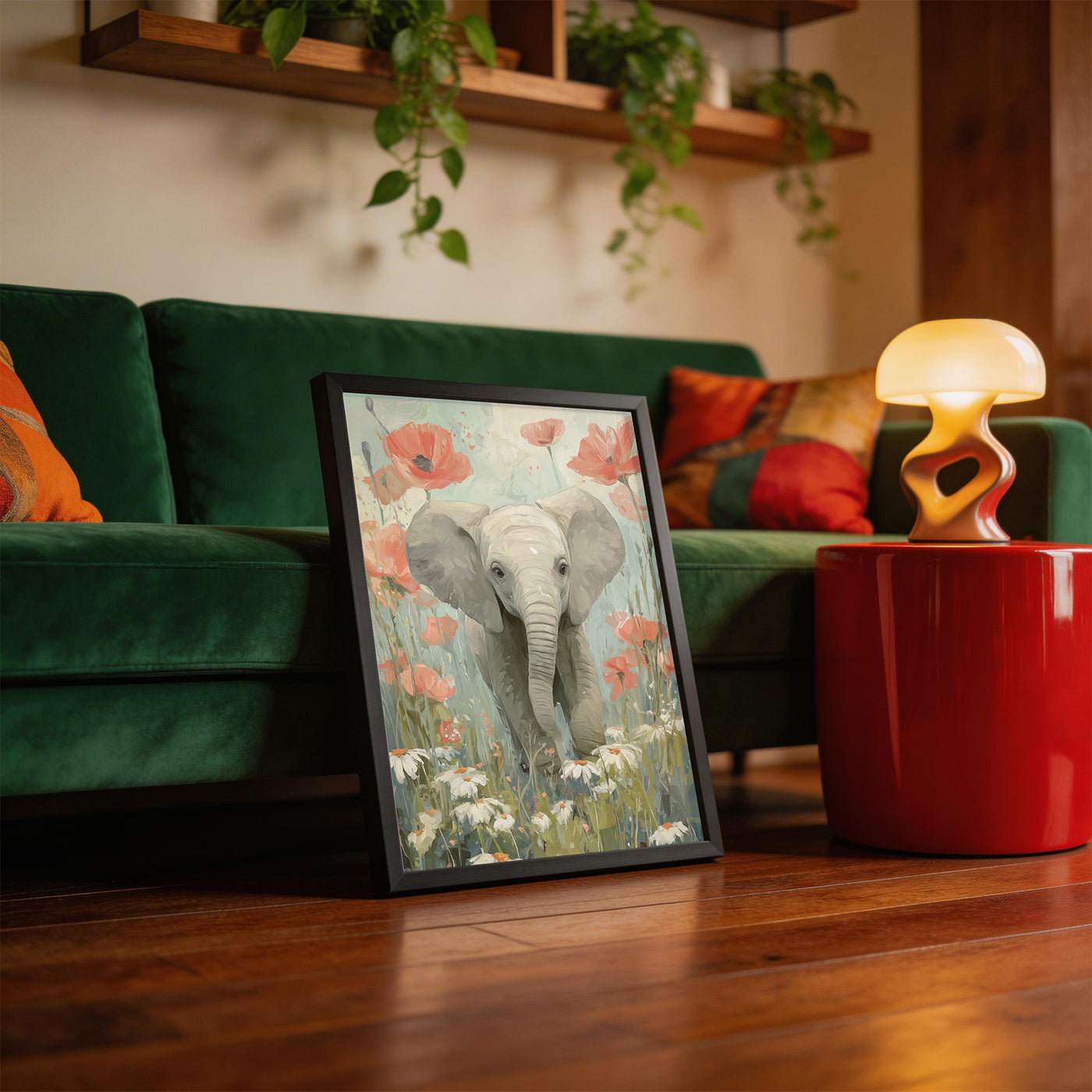 Baby Elephant in Poppies framed on a wall