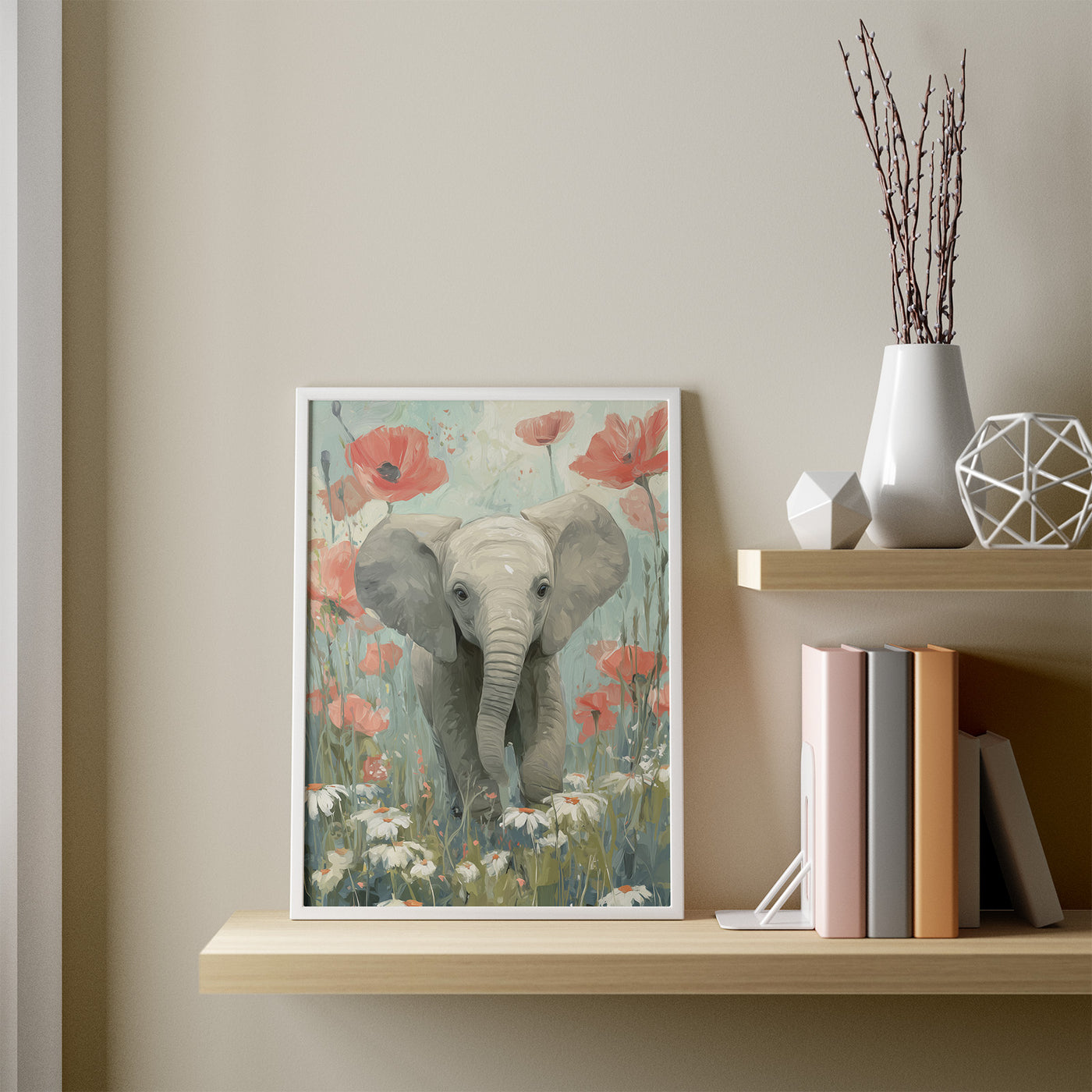 Baby Elephant in Poppies framed in a room