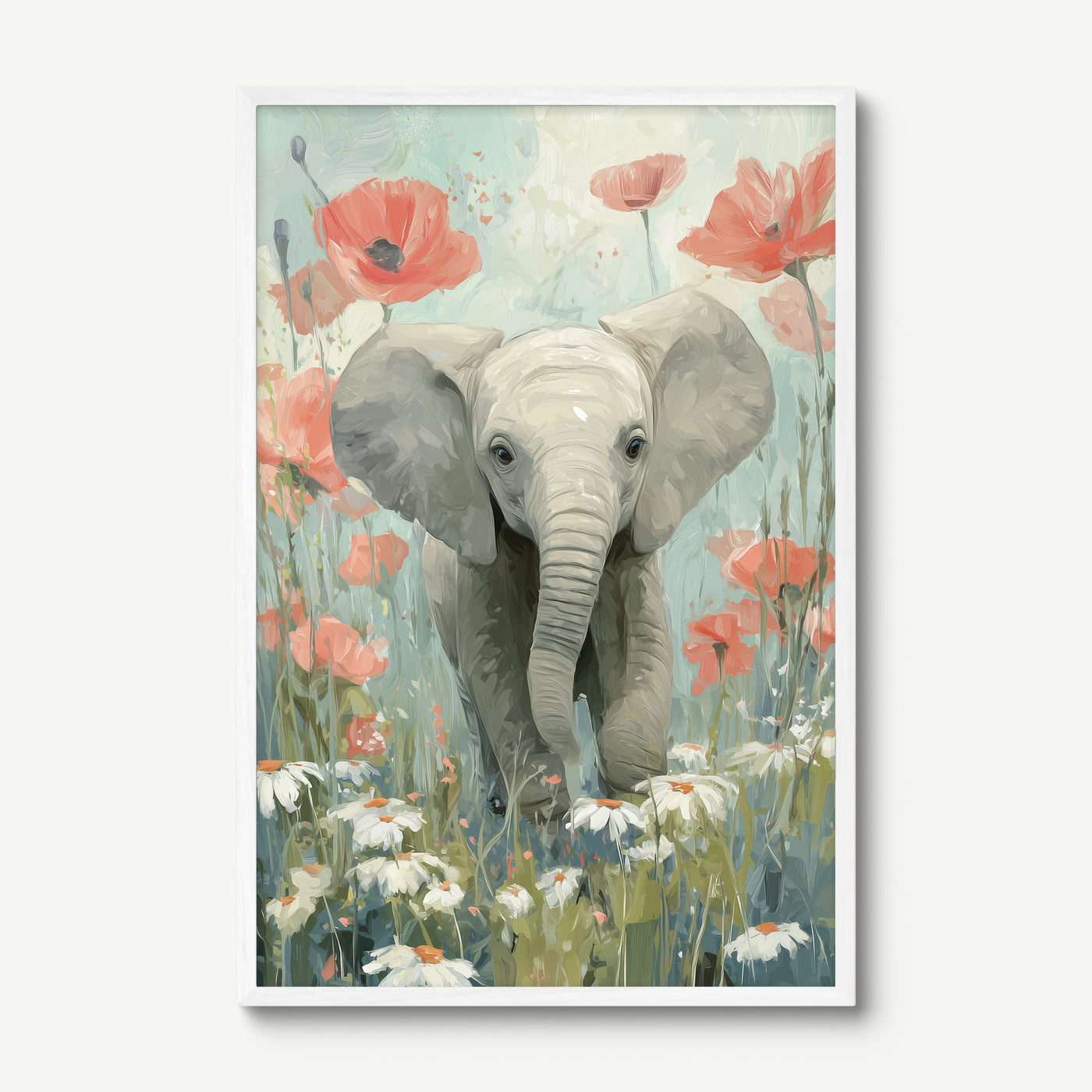 Baby Elephant in Poppies art print in a white frame