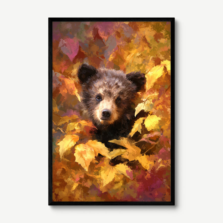 Bear Cub in Autumn art print in a black frame