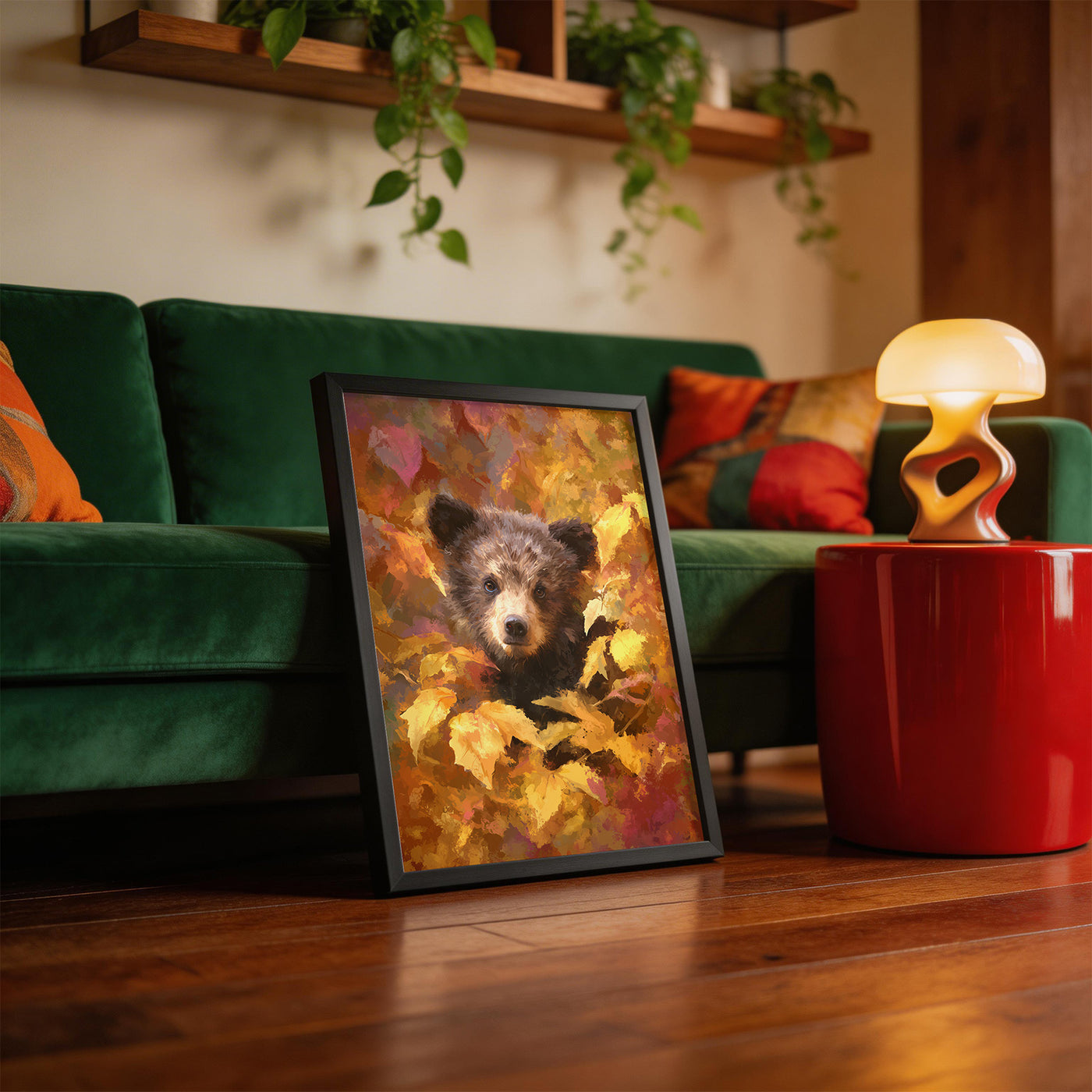 Bear Cub in Autumn framed on a wall