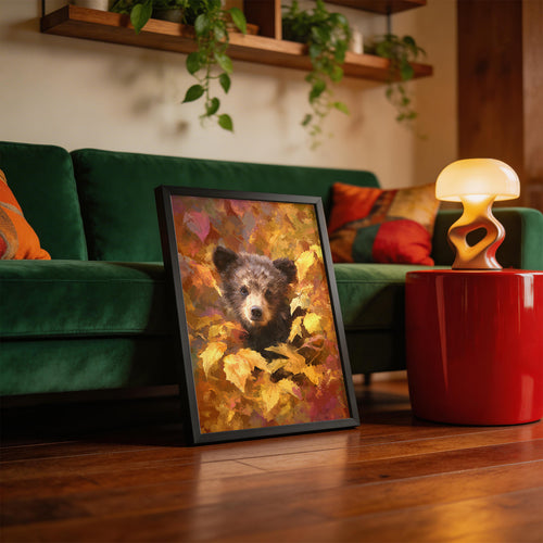 Bear Cub in Autumn framed on a wall