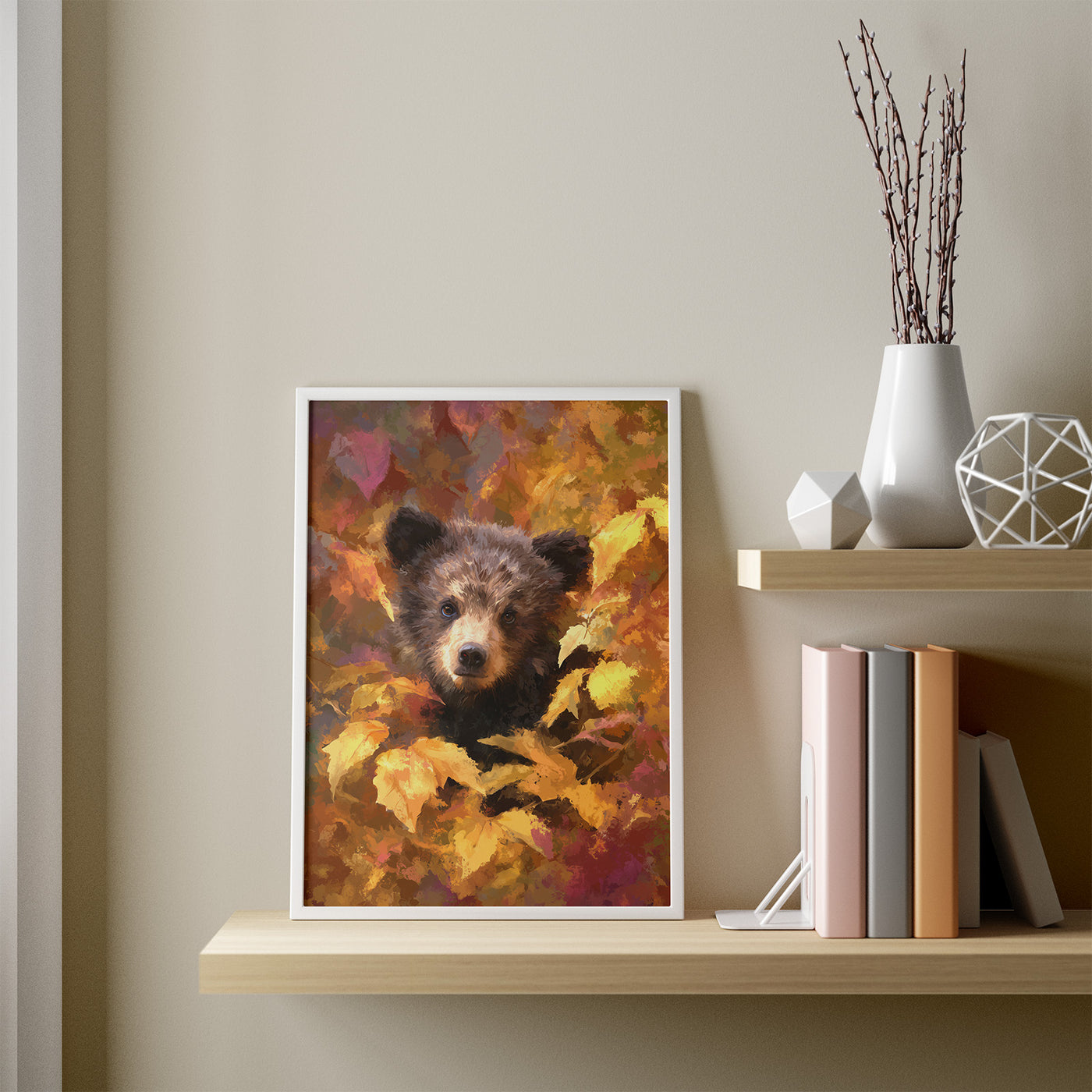 Bear Cub in Autumn framed in a room