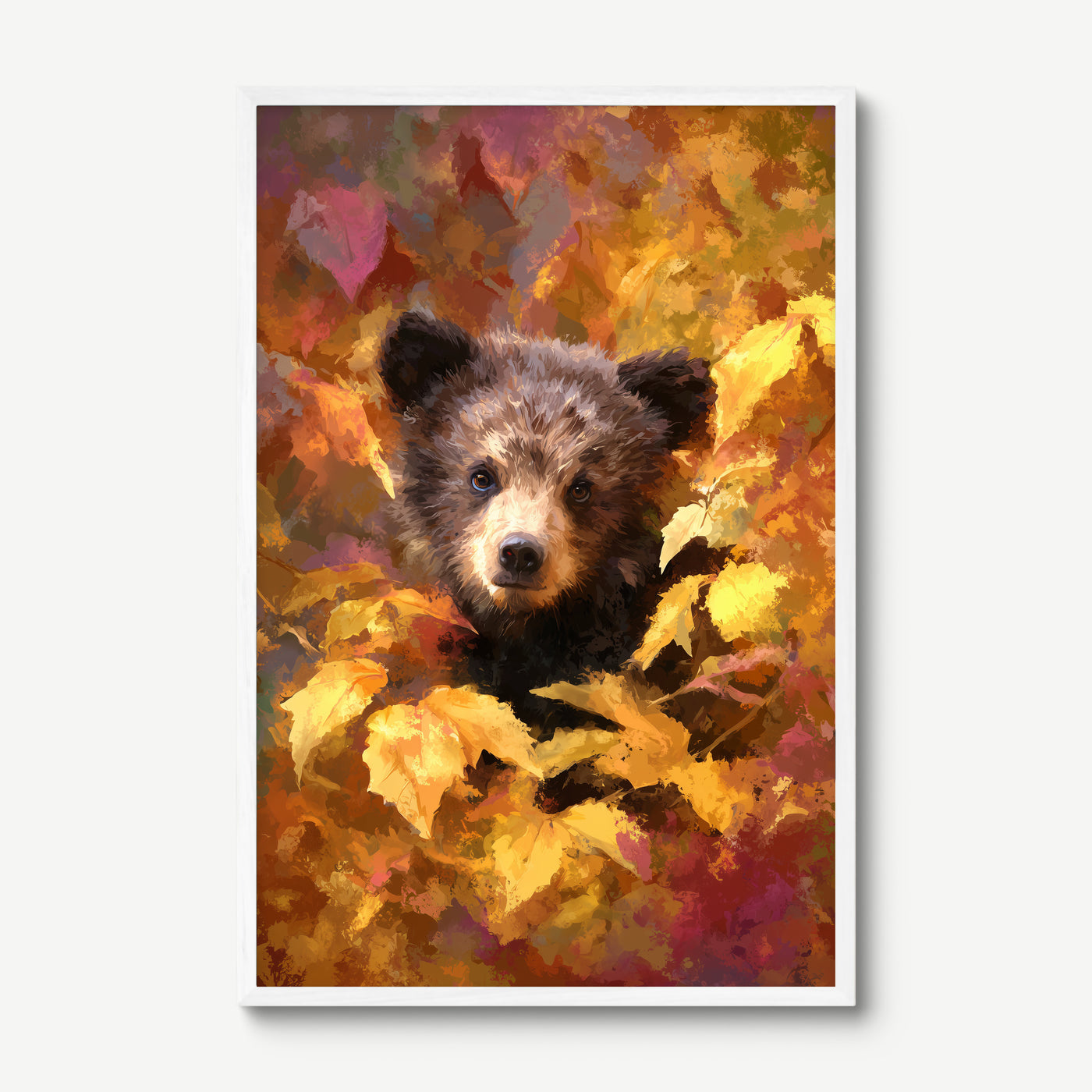 Bear Cub in Autumn art print in a white frame