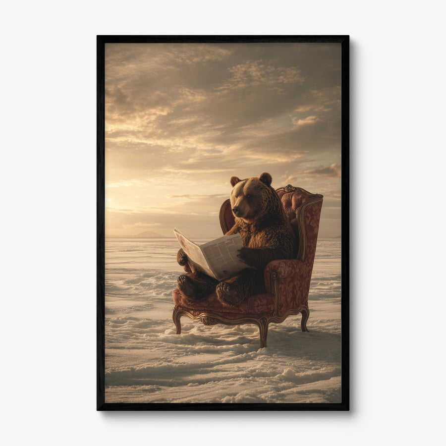 Bear Reads the News art print in a black frame