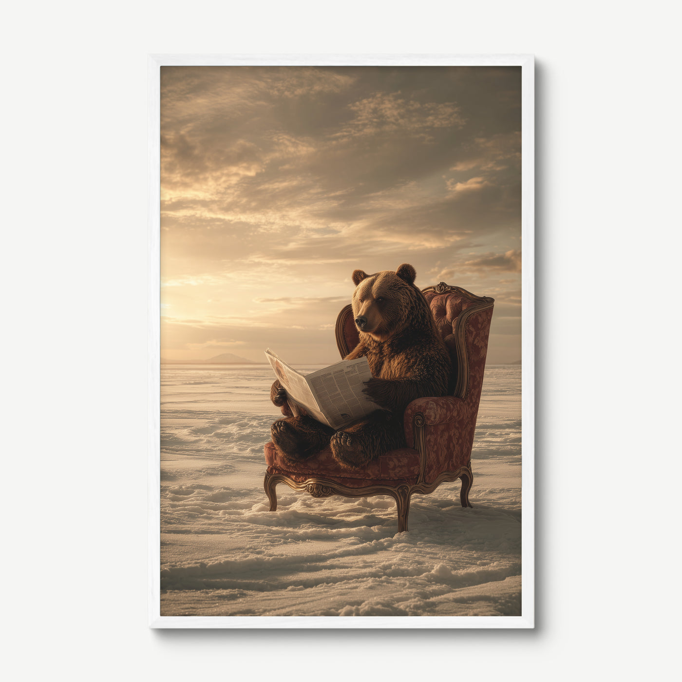 Bear Reads the News art print in a white frame