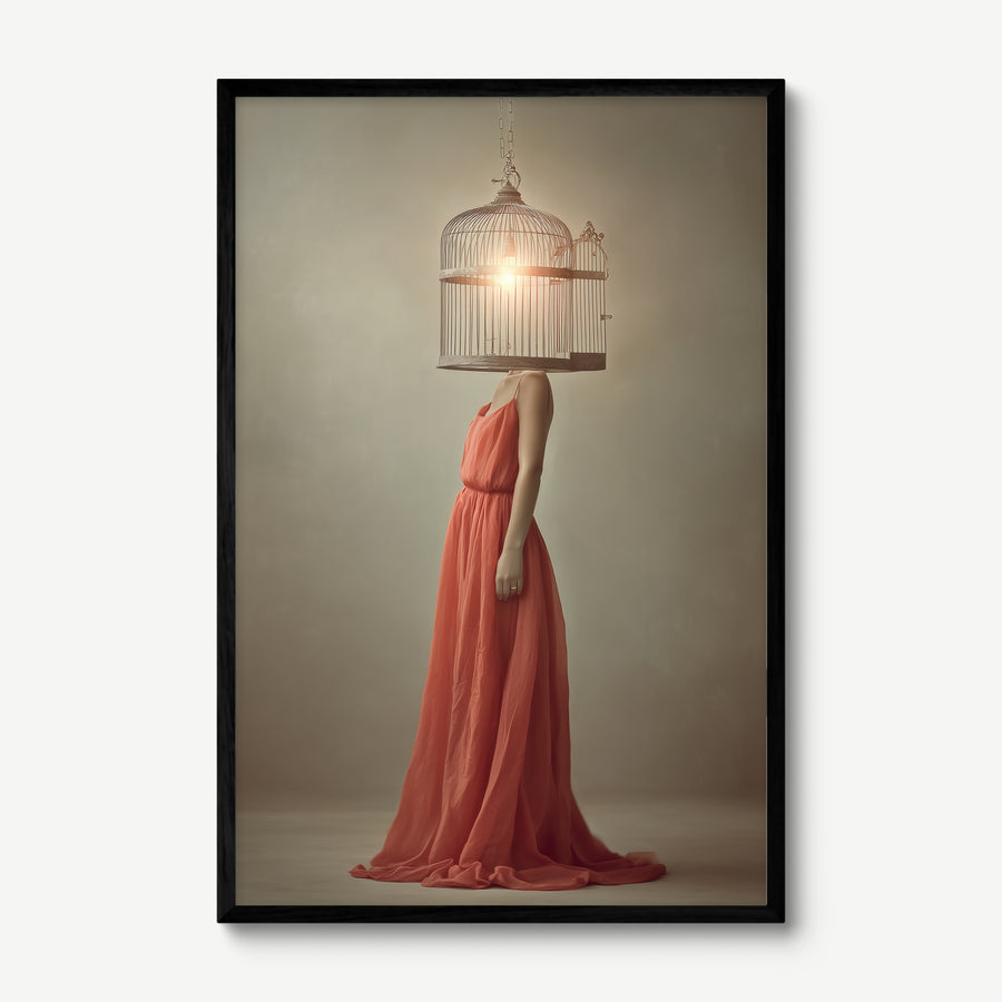 Birdcage Mind art print in a black frame