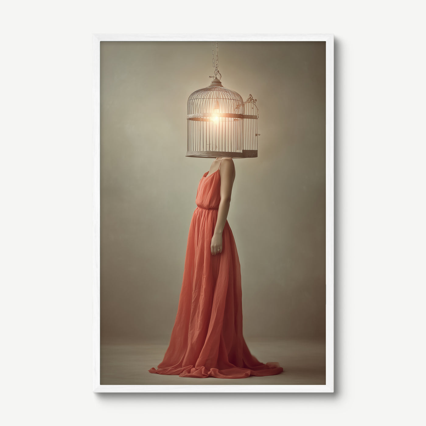 Birdcage Mind art print in a white frame