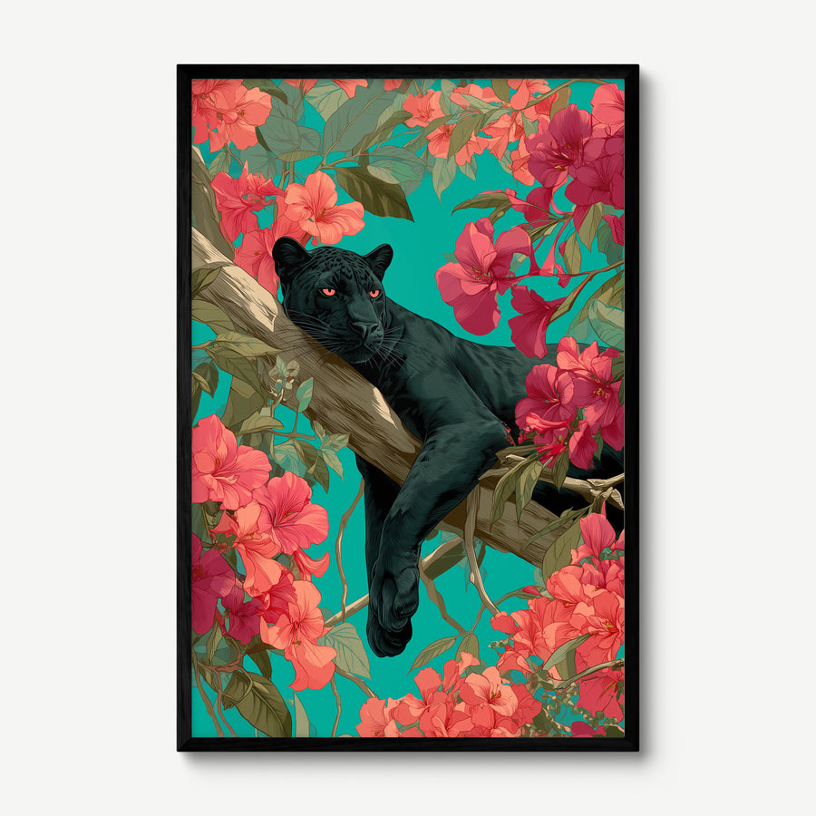 Black Panther in Teal art print in a black frame