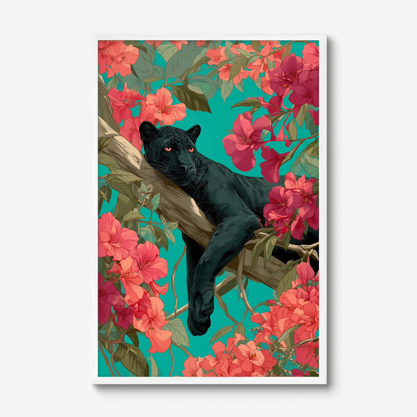 Black Panther in Teal art print in a white frame