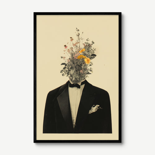 Black Tuxedo, Wild Flowers art print in a black frame