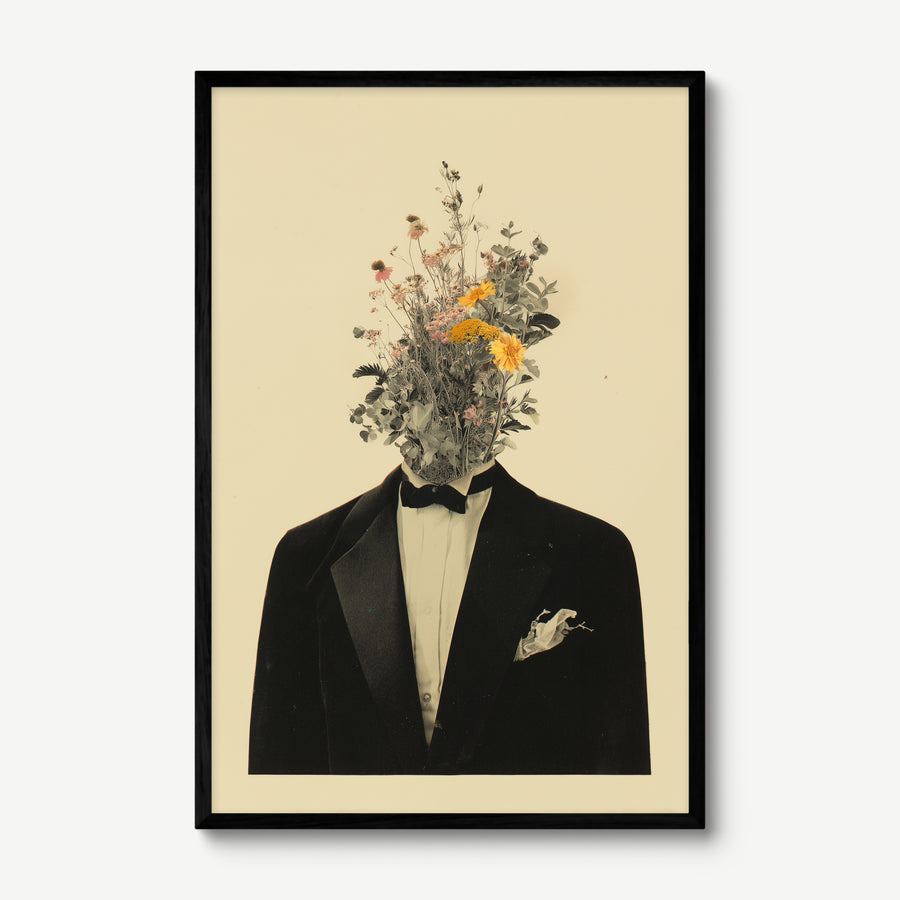 Black Tuxedo, Wild Flowers art print in a black frame