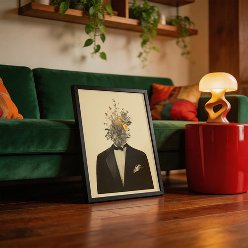 Black Tuxedo, Wild Flowers framed on a wall