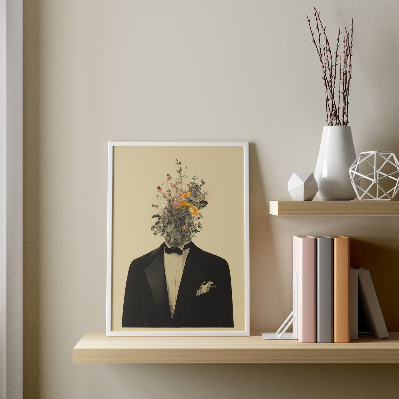 Black Tuxedo, Wild Flowers framed in a room