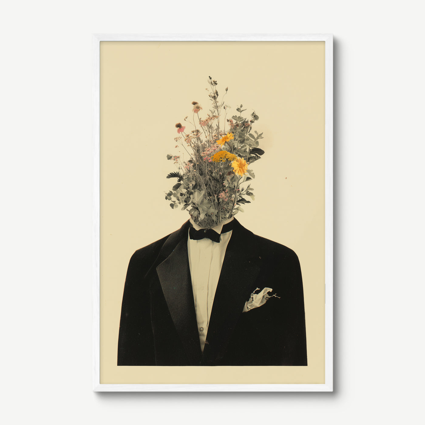 Black Tuxedo, Wild Flowers art print in a white frame