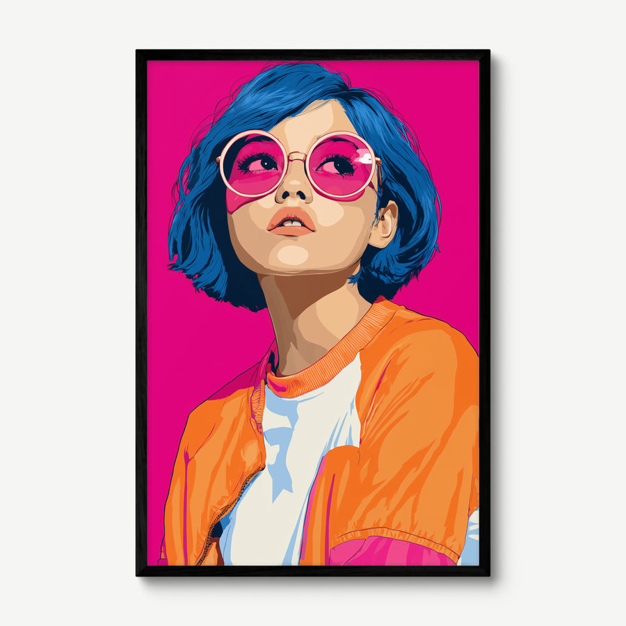 Blue Buzz art print in a black frame
