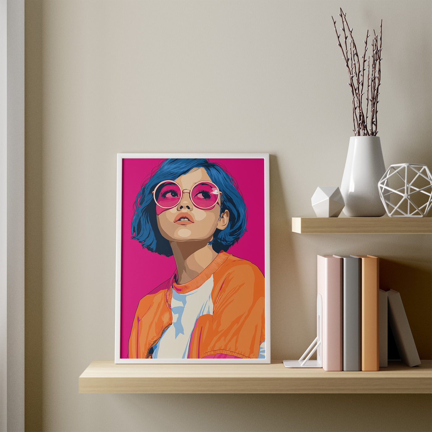 Blue Buzz framed in a room
