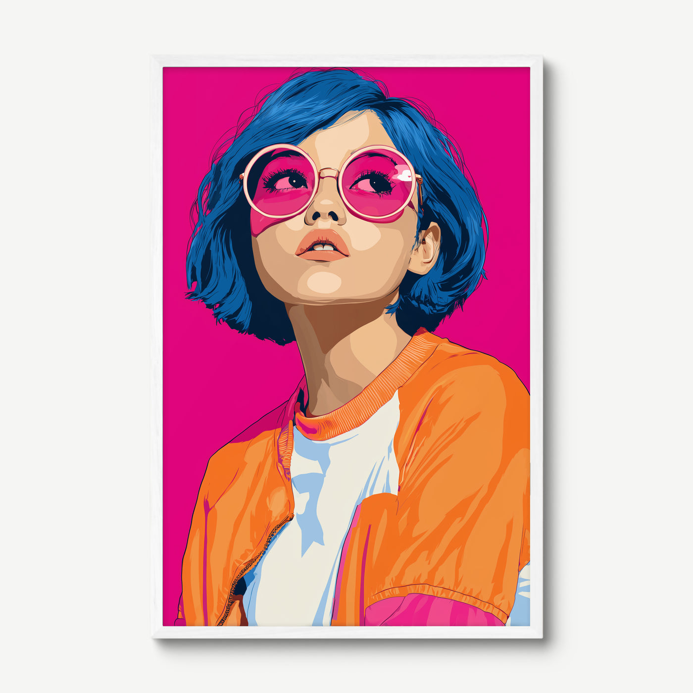 Blue Buzz art print in a white frame