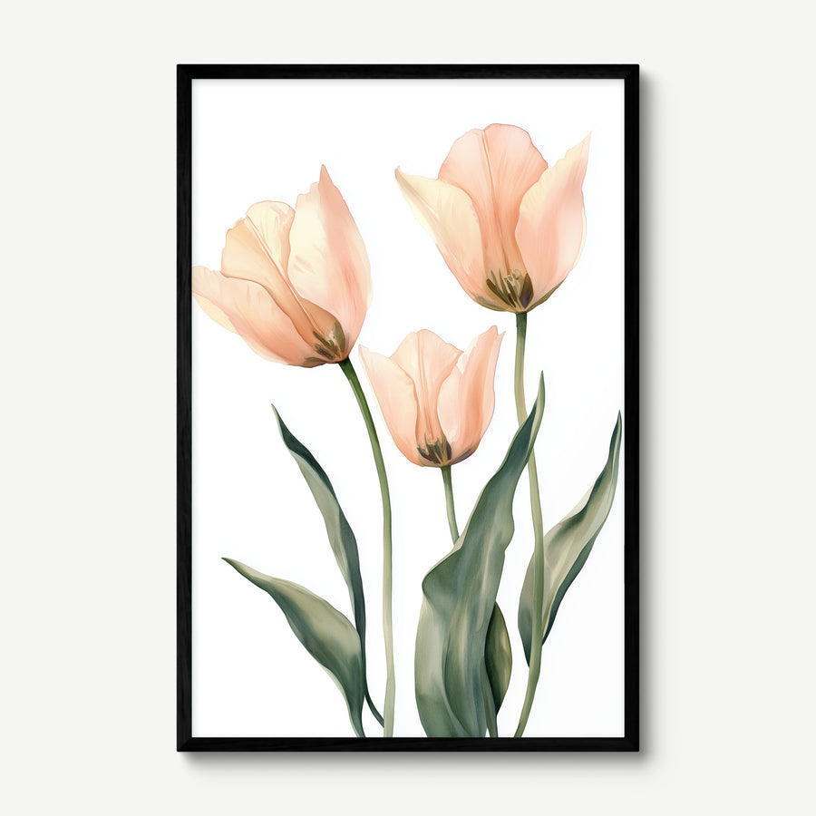 Blush Tulip Trio art print in a black frame