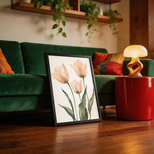 Blush Tulip Trio framed on a wall