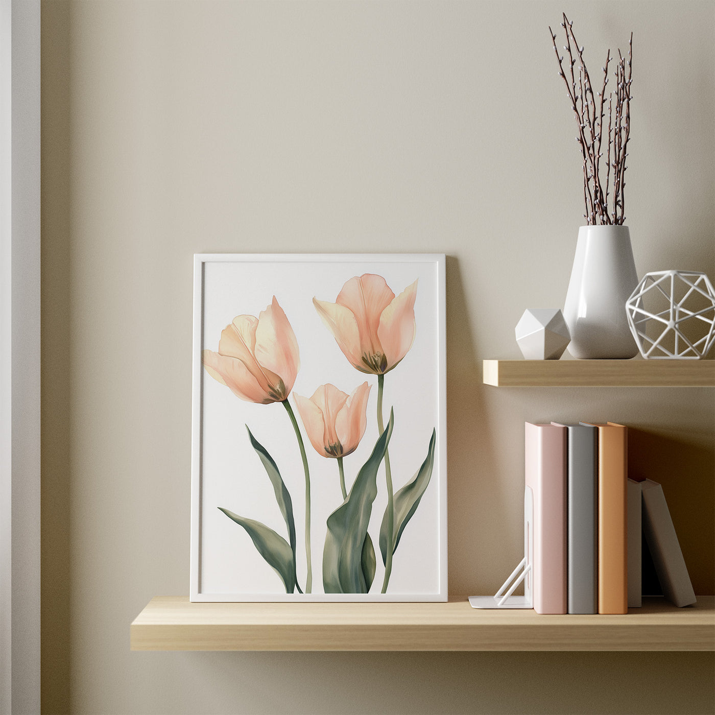 Blush Tulip Trio framed in a room
