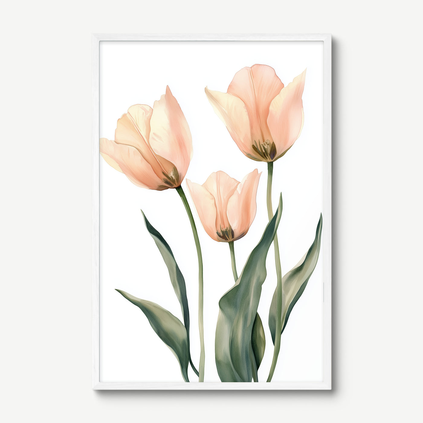 Blush Tulip Trio art print in a white frame