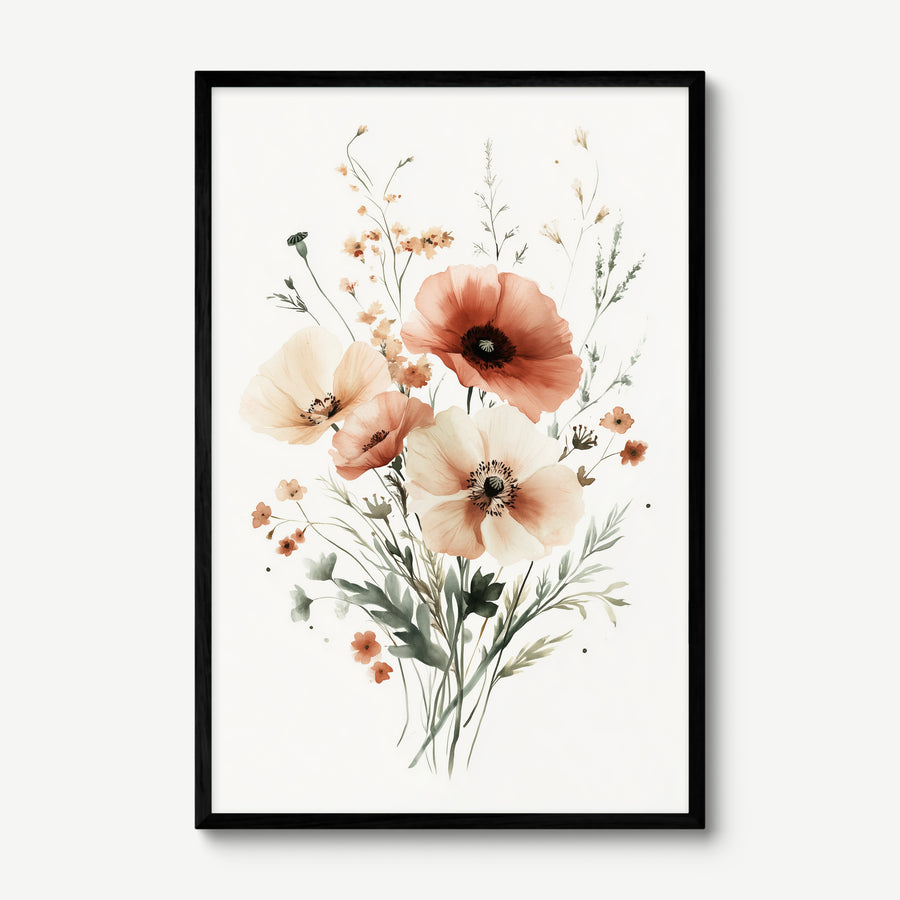 Blush Wildflower Bouquet art print in a black frame