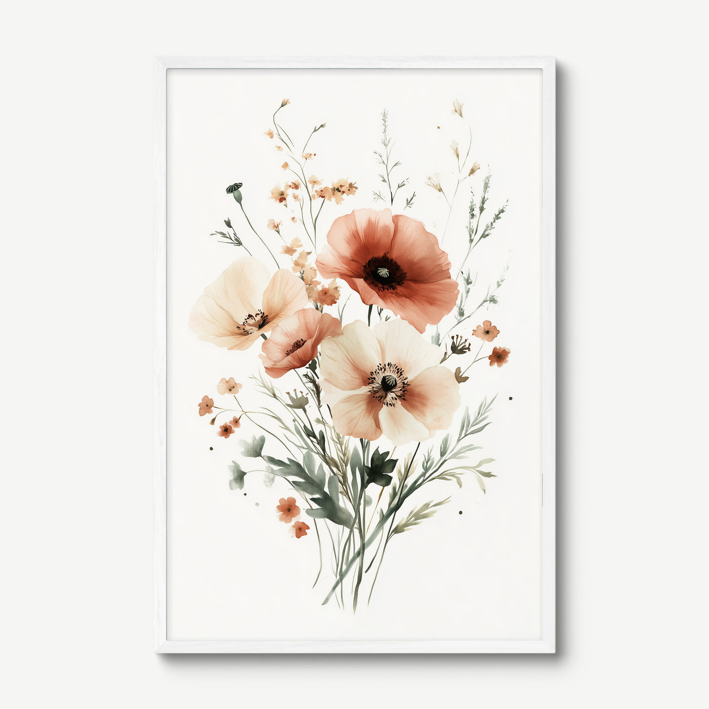 Blush Wildflower Bouquet art print in a white frame