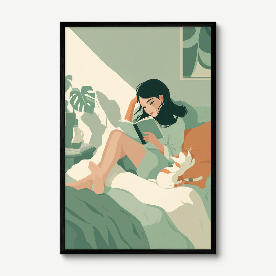 Book and Cat in Sage art print in a black frame