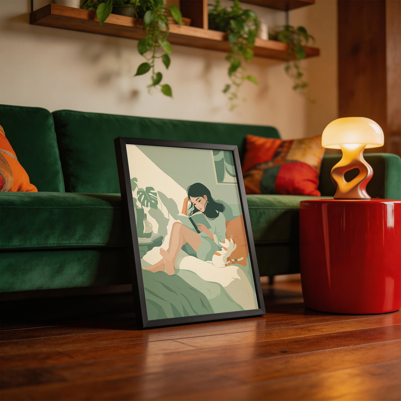 Book and Cat in Sage framed on a wall