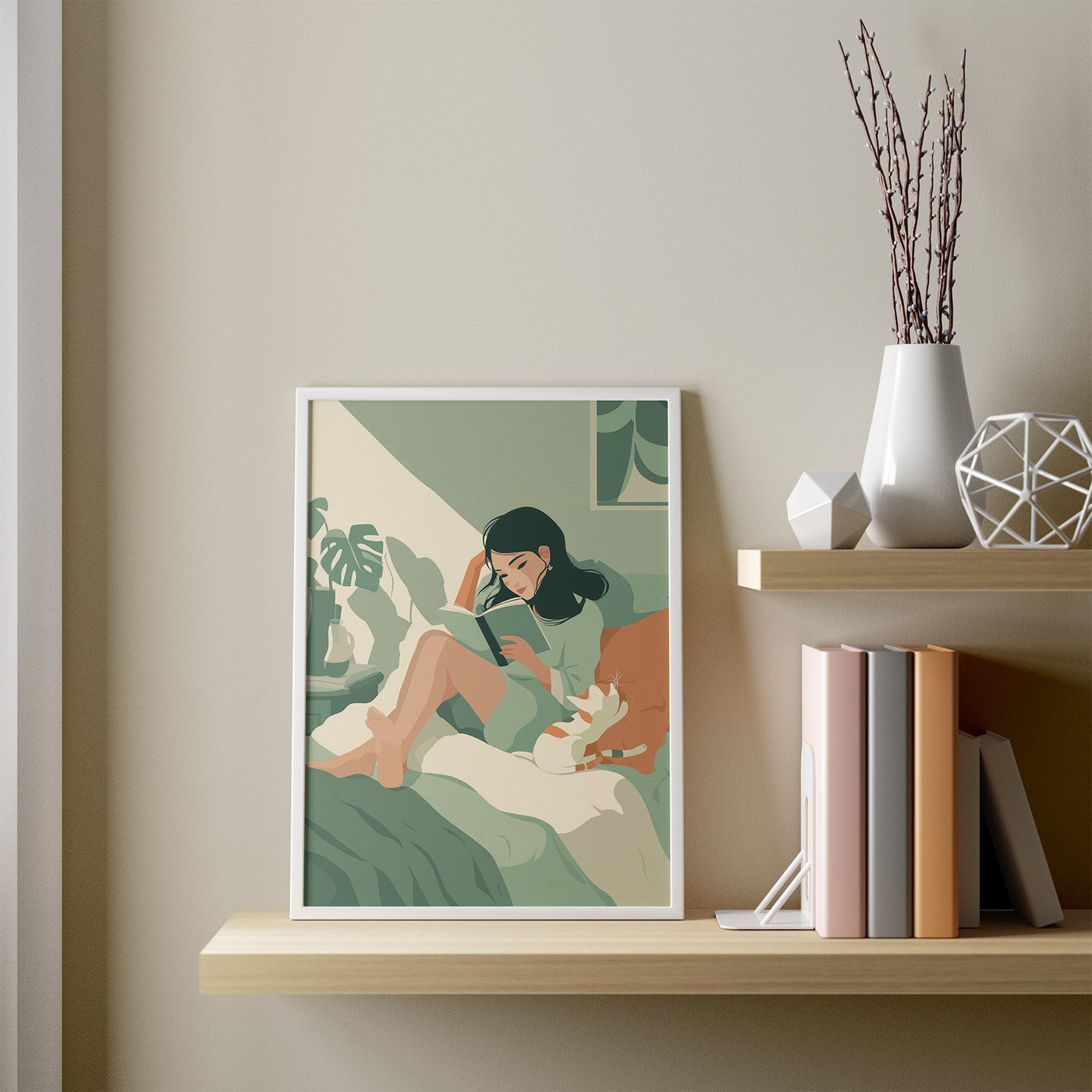 Book and Cat in Sage framed in a room