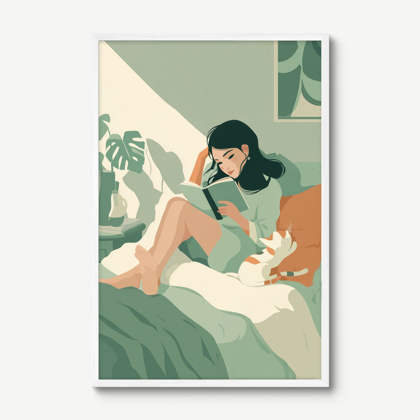 Book and Cat in Sage art print in a white frame
