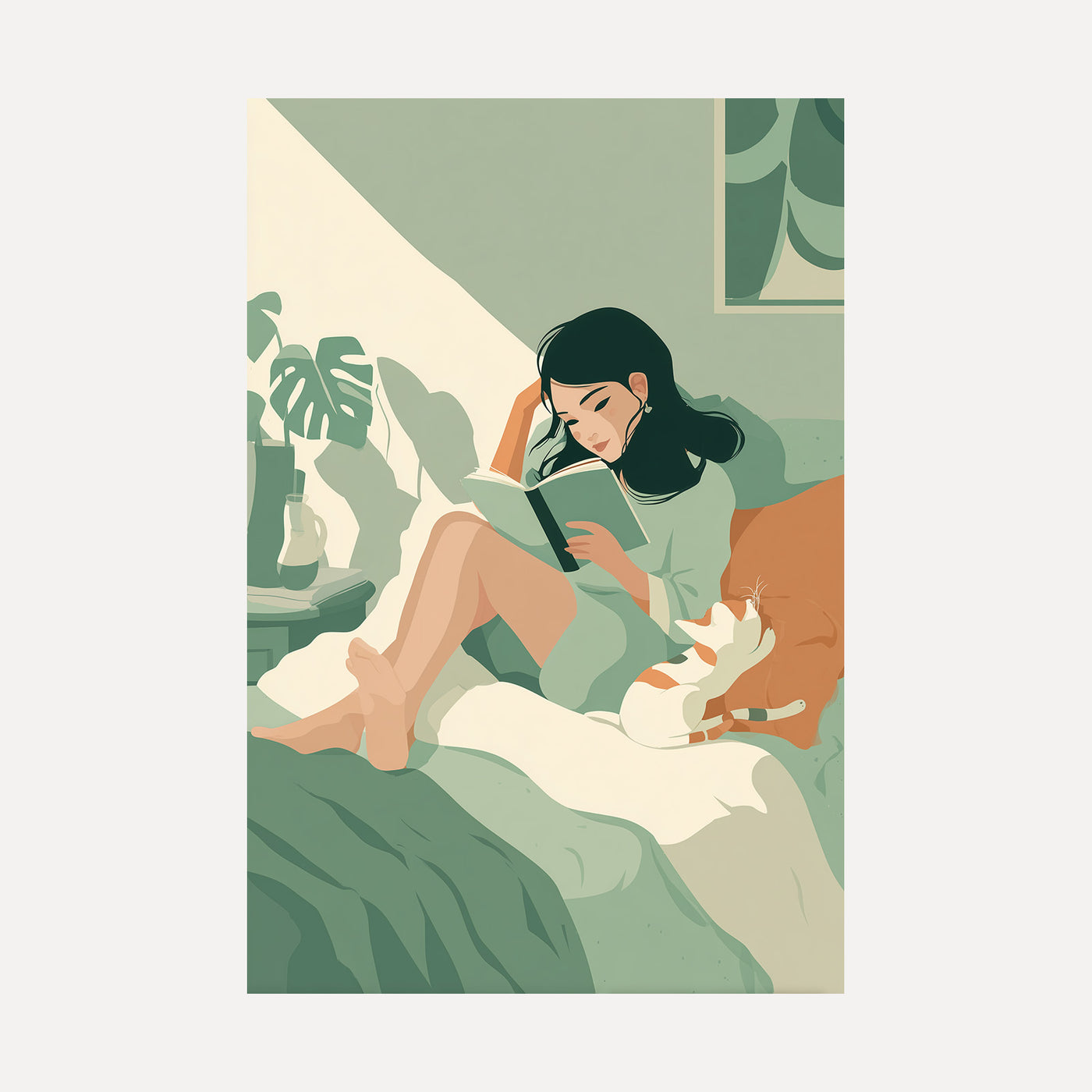 Book and Cat in Sage unframed art print