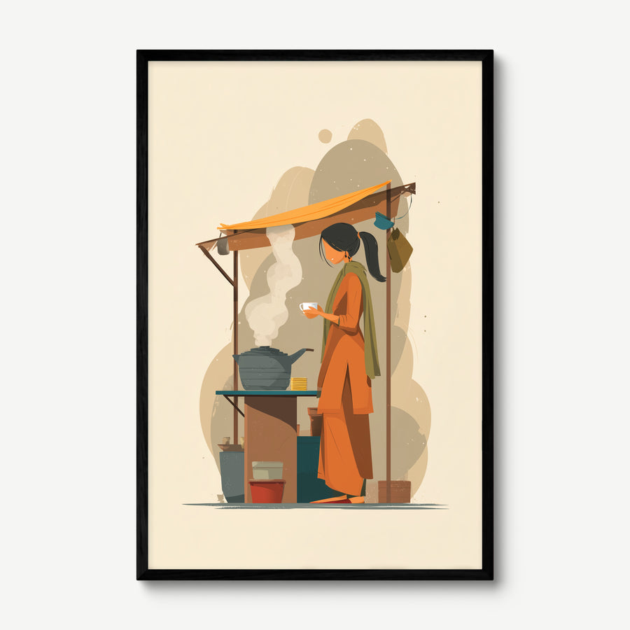 Chai at the Stall art print in a black frame