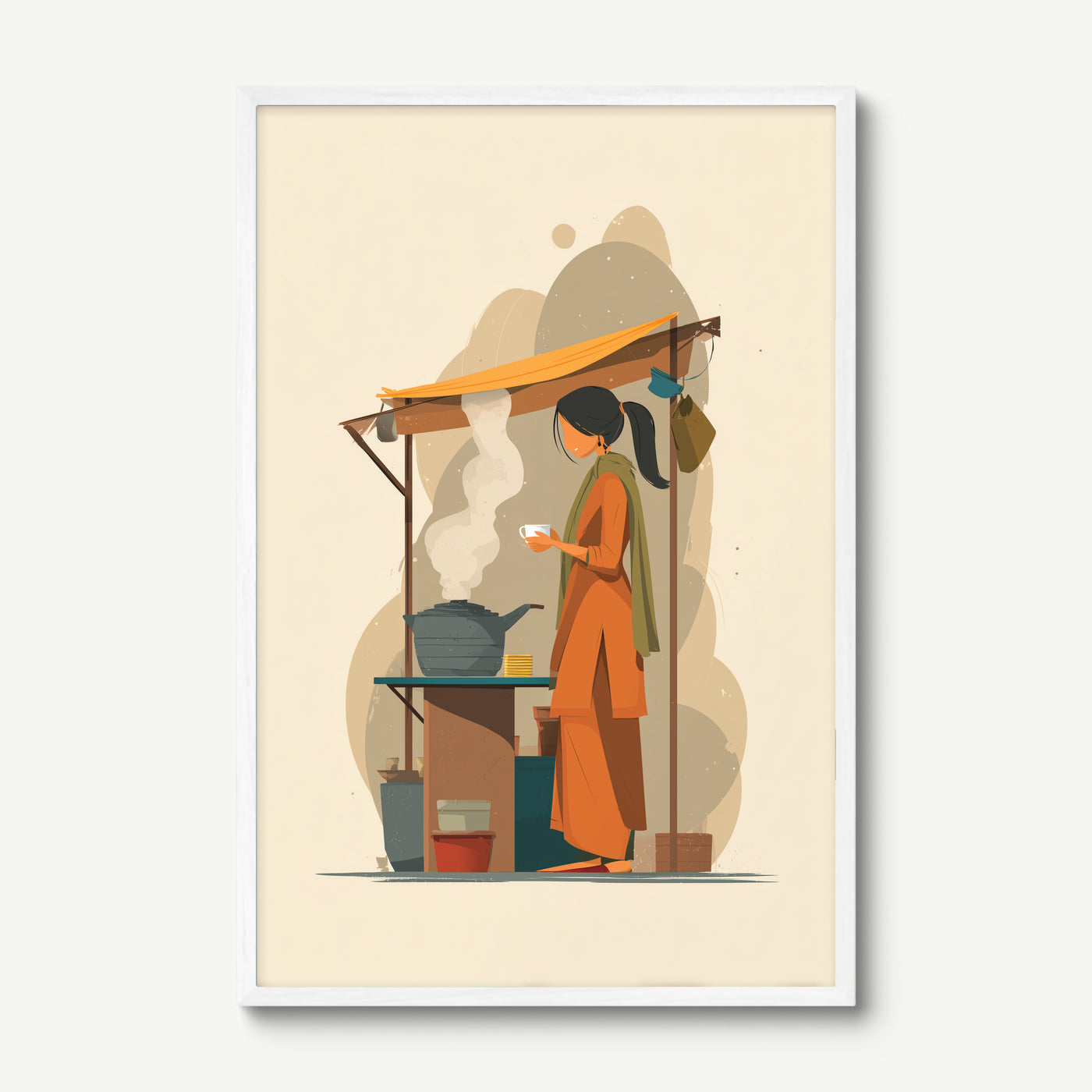 Chai at the Stall art print in a white frame