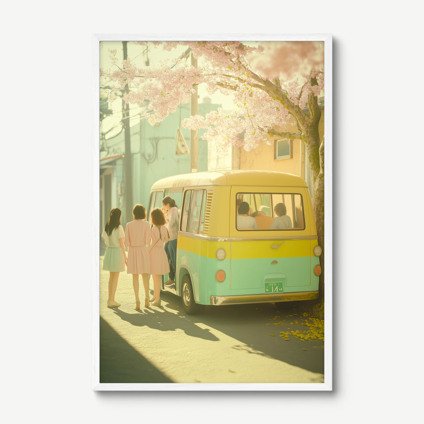 Cherry Blossom Getaway art print in a white frame