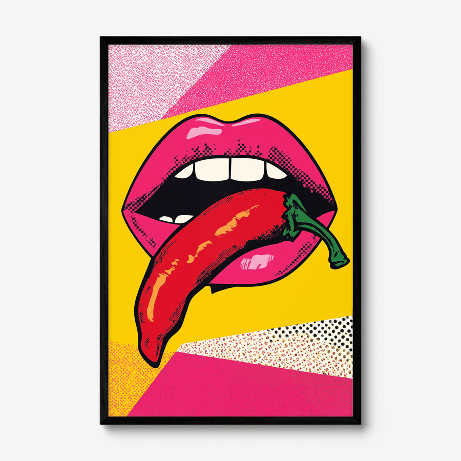 Chilli Lips art print in a black frame