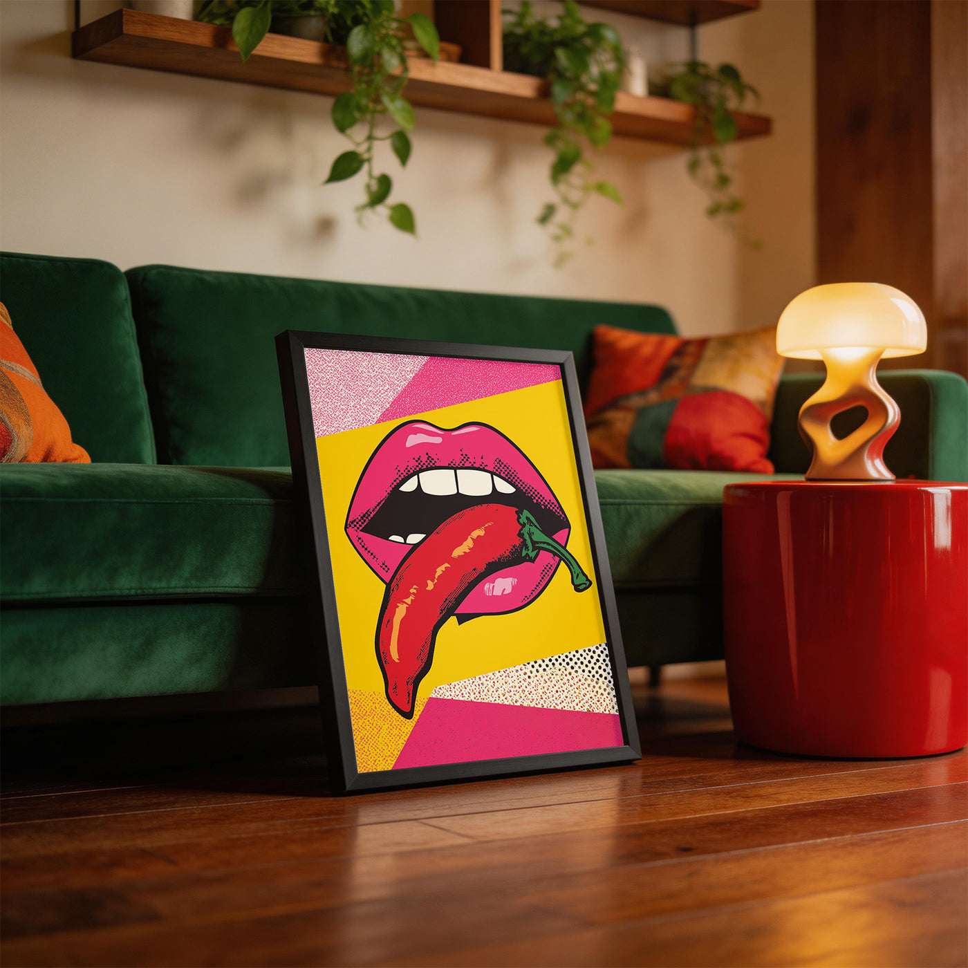 Chilli Lips framed on a wall