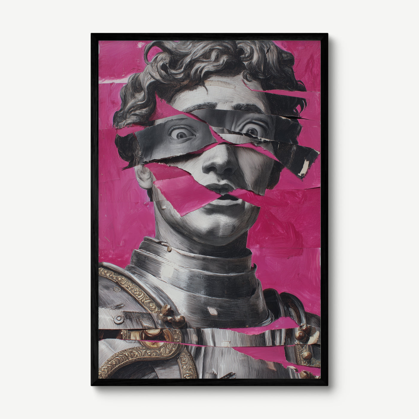 Classical Bust, Torn Pink art print in a black frame