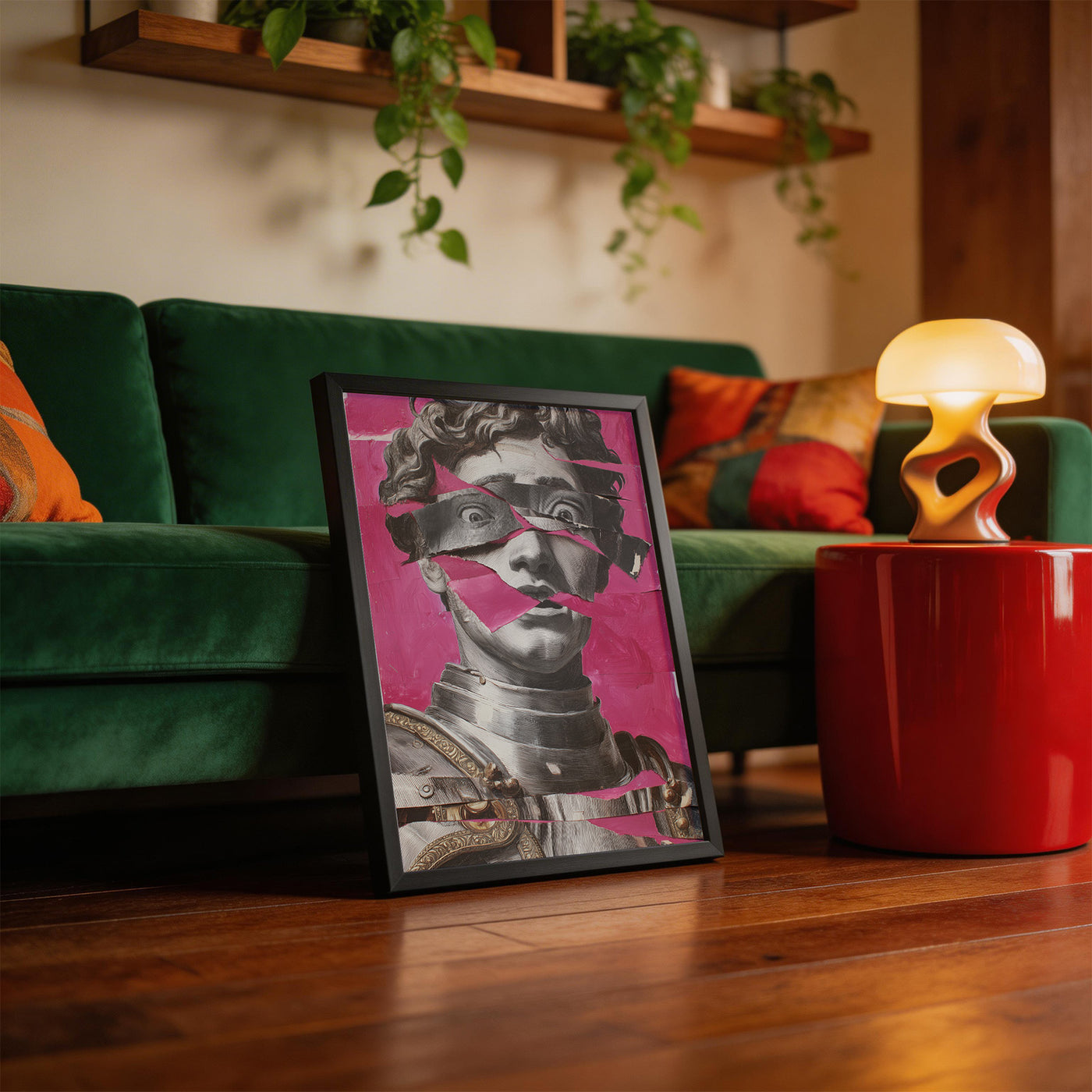 Classical Bust, Torn Pink framed on a wall