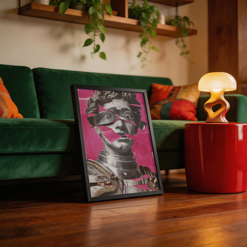 Classical Bust, Torn Pink framed on a wall