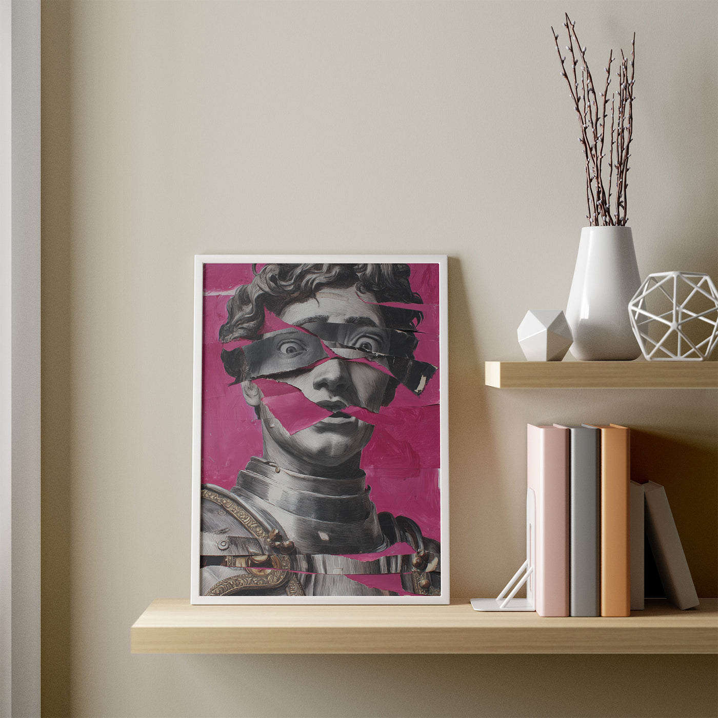 Classical Bust, Torn Pink framed in a room