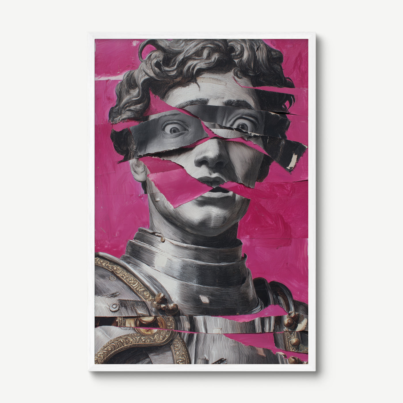 Classical Bust, Torn Pink art print in a white frame