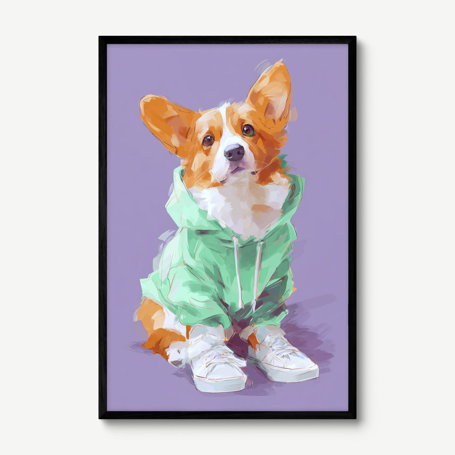 Corgi in Mint Hoodie art print in a black frame