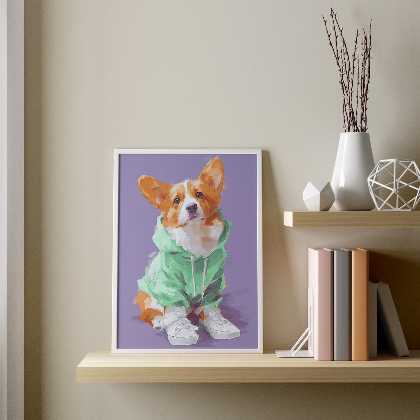 Corgi in Mint Hoodie framed in a room
