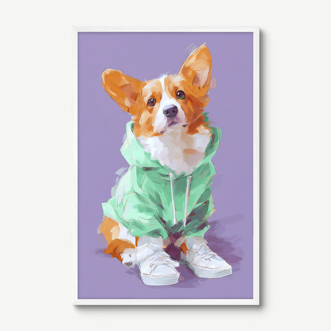 Corgi in Mint Hoodie art print in a white frame