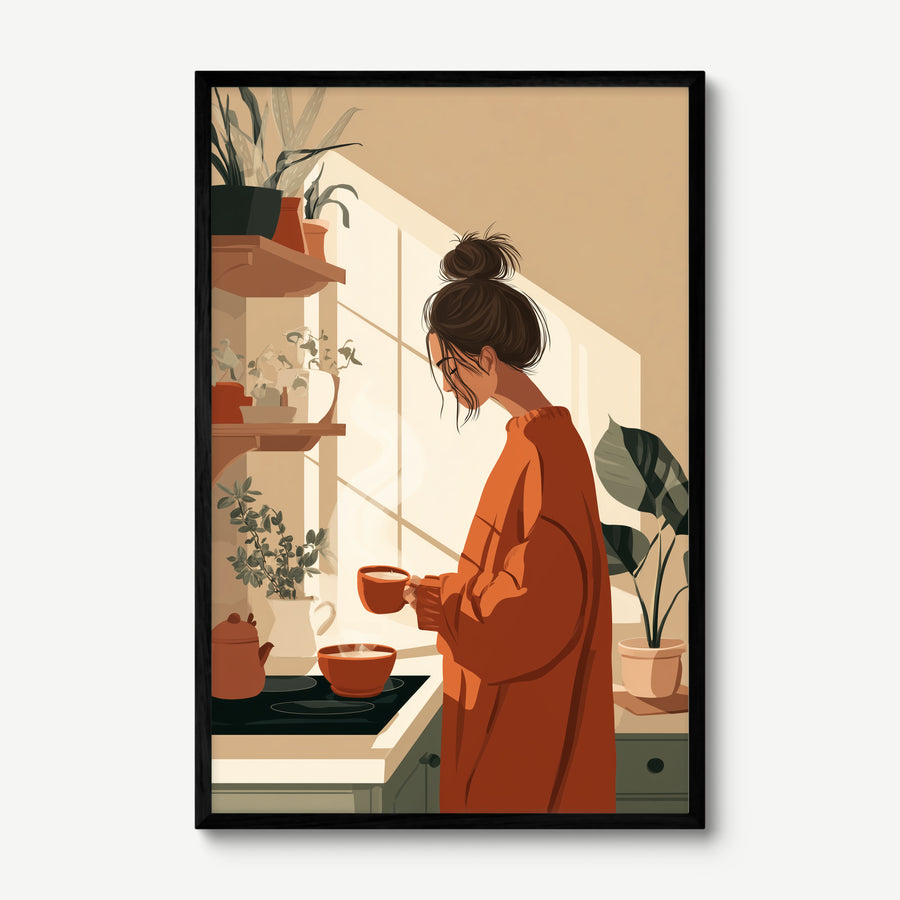 Cosy Kitchen Morning art print in a black frame